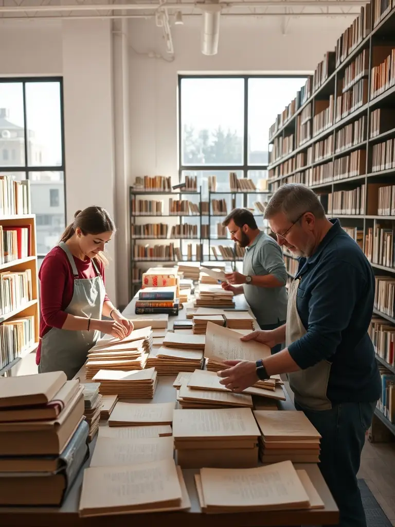 A group of volunteers participating in a historical research project, examining old documents and maps in the SOCIETE D'HISTOIRE ET D'ARCHEOLOGIE DE PONS ET SA REGION's research center.