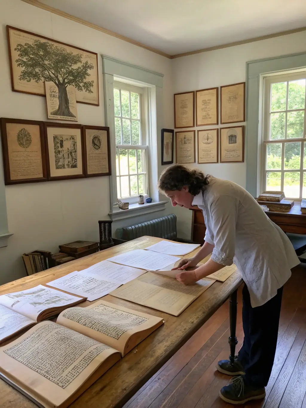 A photograph of researchers examining historical documents and maps in a library or archive setting, emphasizing the importance of historical research in understanding the region's past.