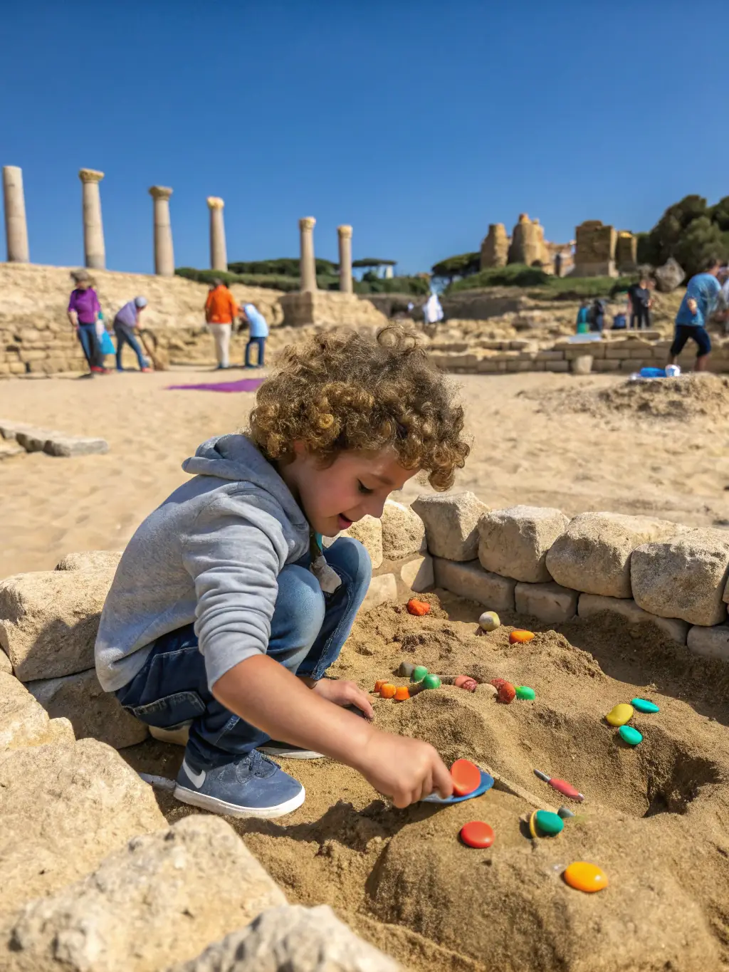 An image showing children participating in an interactive archaeology-themed educational program, learning about excavation techniques.