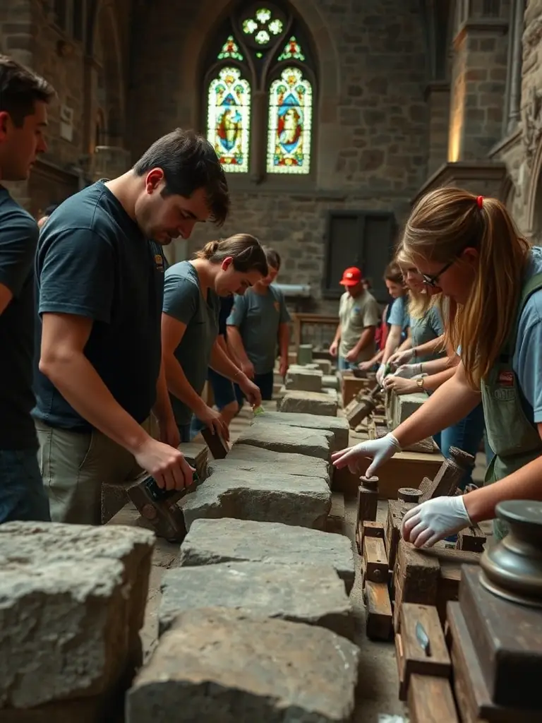 A photograph depicting a group of volunteers meticulously cleaning and cataloging historical artifacts discovered during a recent excavation in Pons.