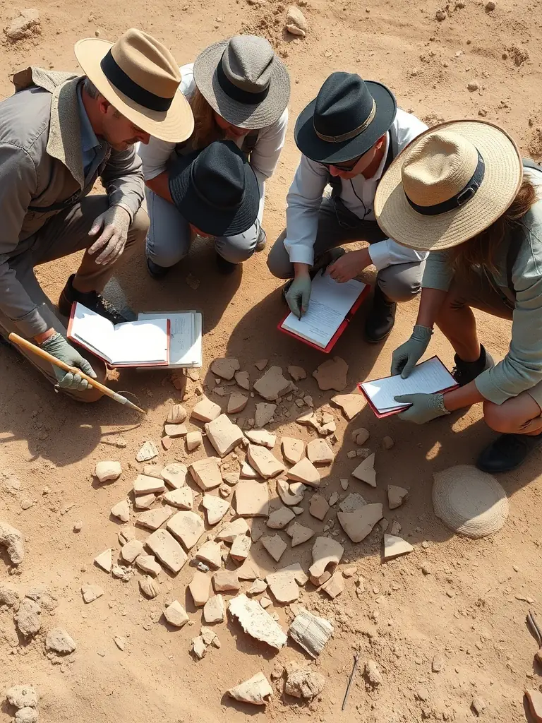 A photograph depicting volunteers meticulously excavating an archaeological site in Pons, France, carefully brushing away soil to reveal ancient artifacts.