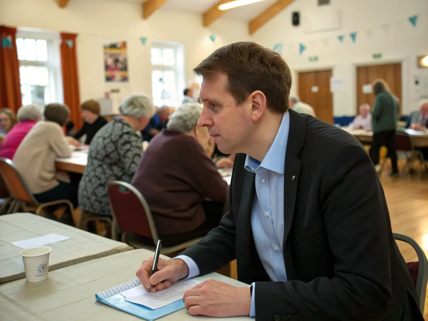 A photograph of a historical society member giving a presentation on local history to a group of engaged community members in a local hall.