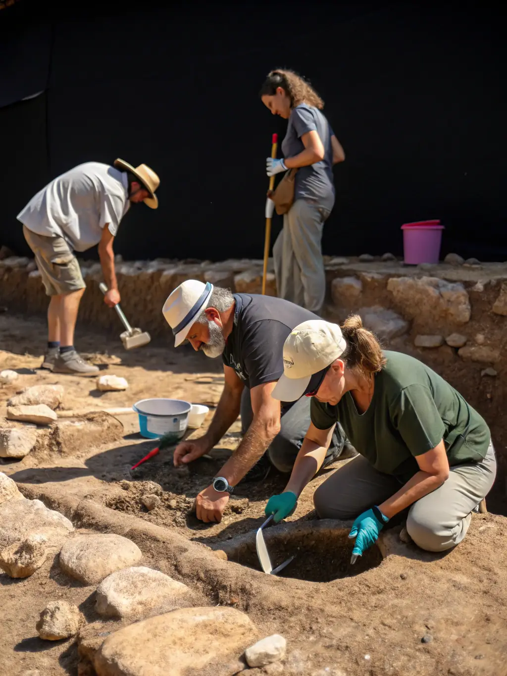 A photograph of archaeologists carefully excavating a site in Pons, France, with historical buildings visible in the background, showcasing the organization's commitment to uncovering local history.