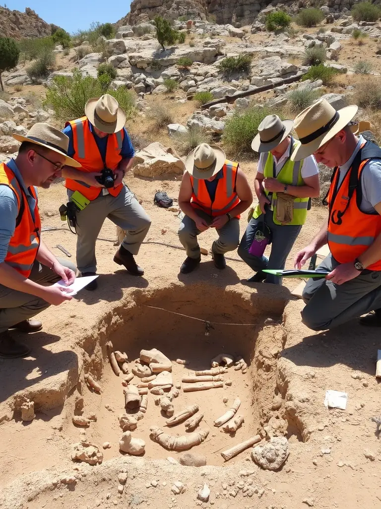 A photograph depicting archaeologists carefully excavating a site in Pons, France, with various tools and equipment visible, showcasing the meticulous work involved in uncovering historical artifacts.