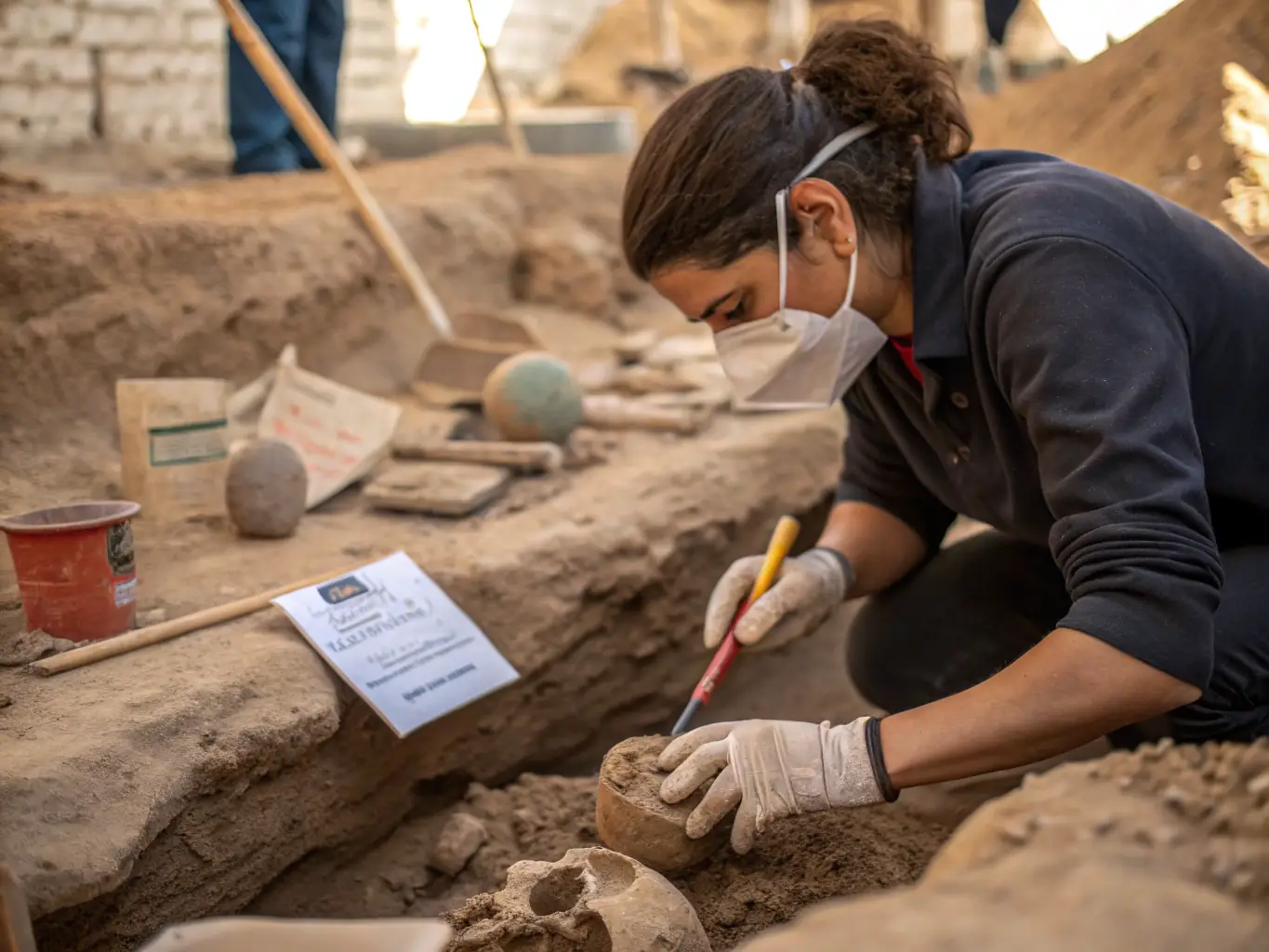 An image of archaeologists carefully excavating an ancient site with tools and artifacts visible, showcasing the meticulous work involved in uncovering historical treasures.