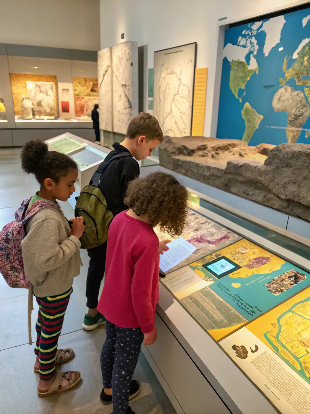 A picture of children participating in an educational workshop about local history, examining artifacts and learning about the past in an interactive setting.